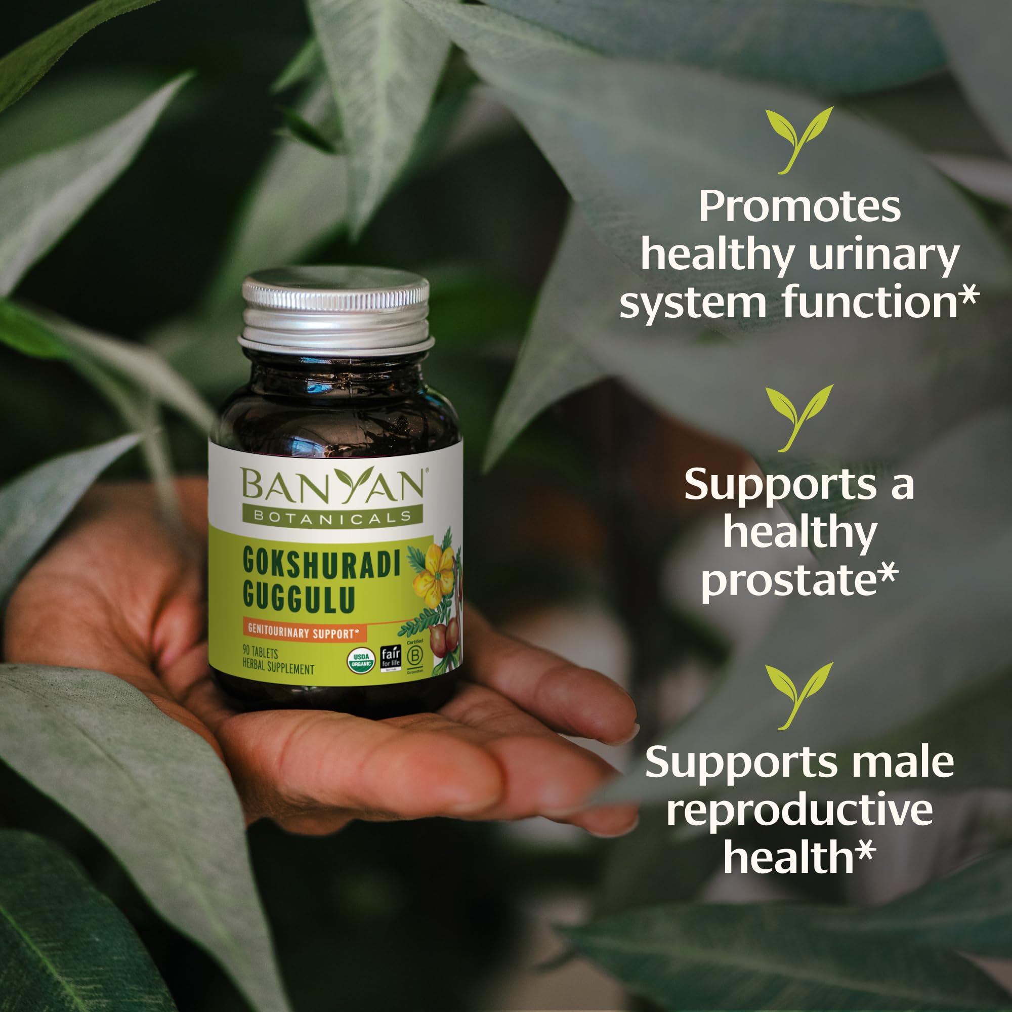 Banyan Botanicals Gokshuradi Guggulu tablets bottle front showing label for urinary tract health