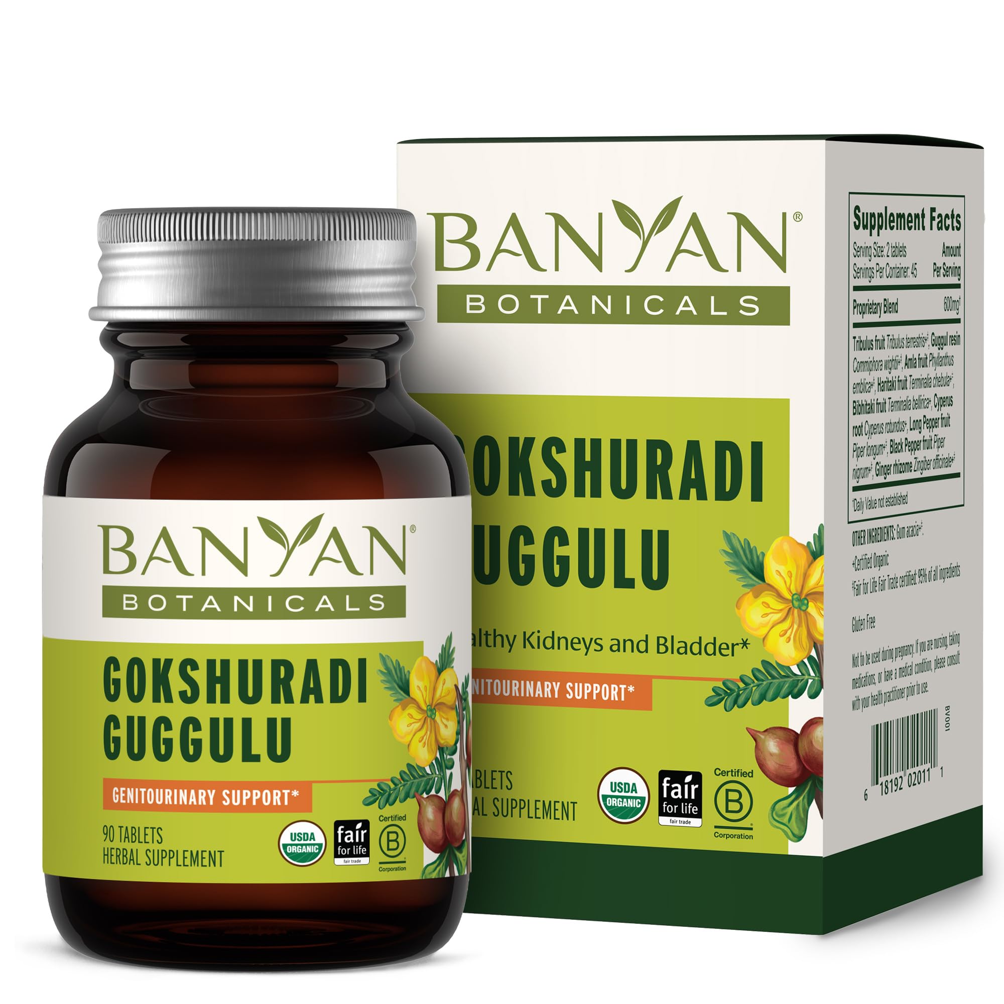 Banyan Botanicals Gokshuradi Guggulu tablets packshot highlighting the organic vegan blend for urinary support