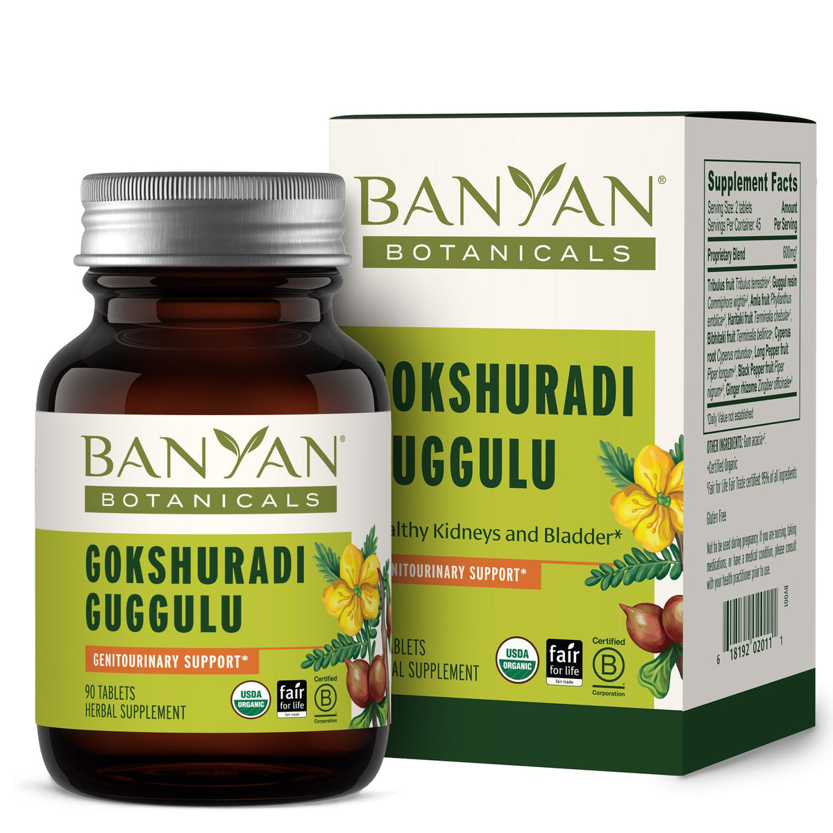 Banyan Botanicals Gokshuradi Guggulu tablets packshot highlighting the organic vegan blend for urinary support