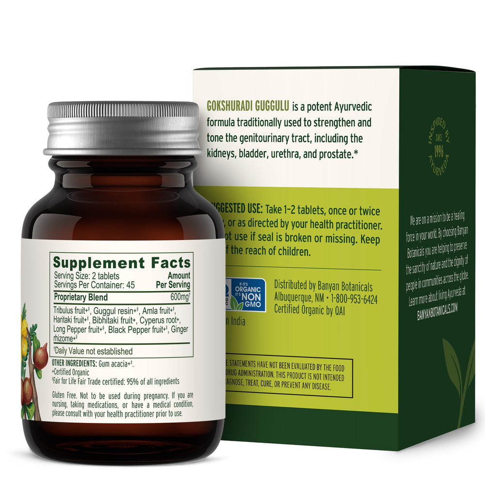 Banyan Botanicals Gokshuradi Guggulu tablets QR code on label for authenticity