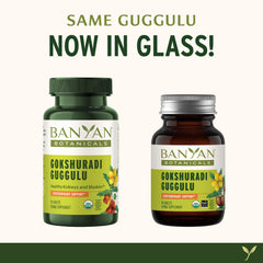 Banyan Botanicals Gokshuradi Guggulu tablets usage imagery suggesting daily routine