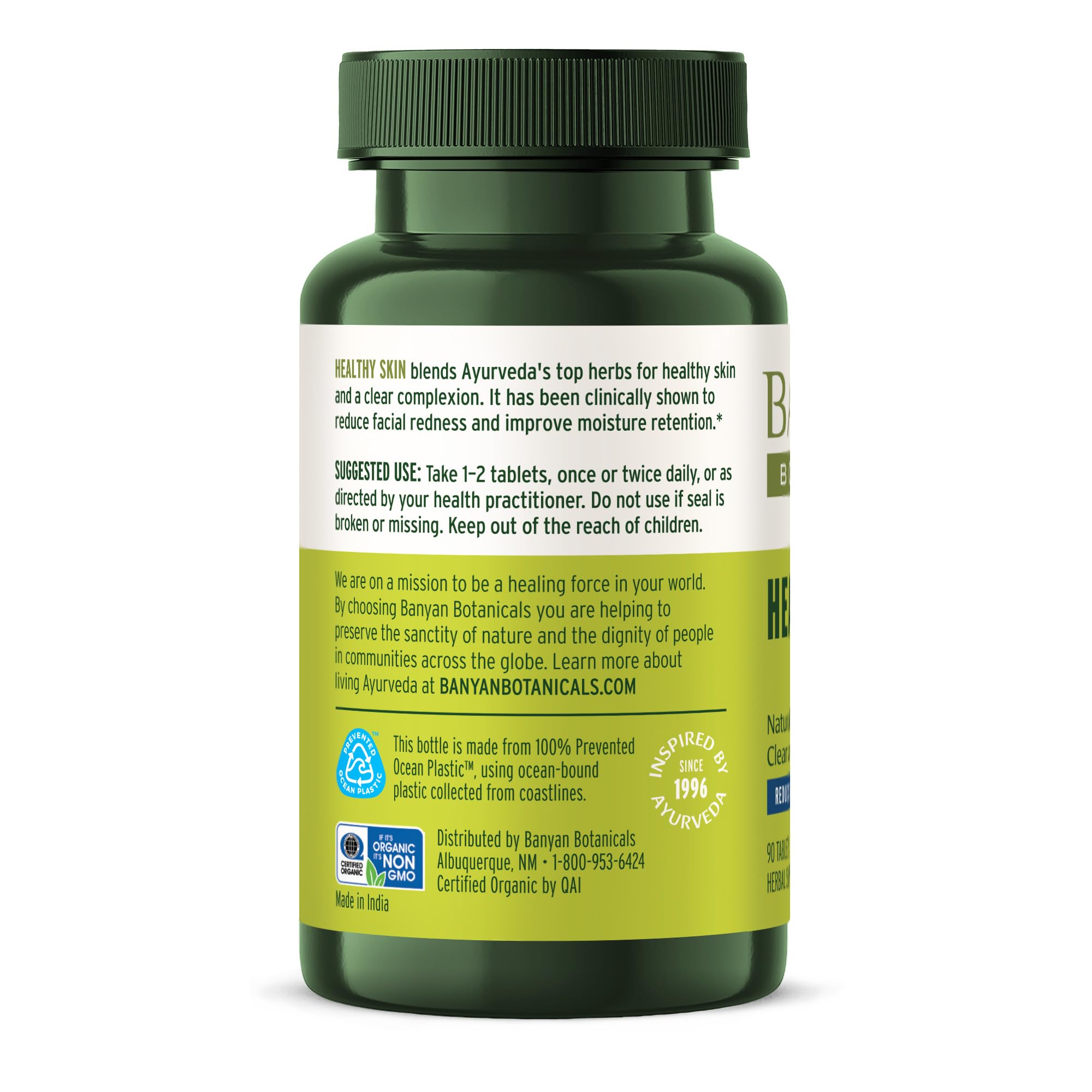 Healthy Skin tablets close-up highlighting vegan capsules and organic sourcing