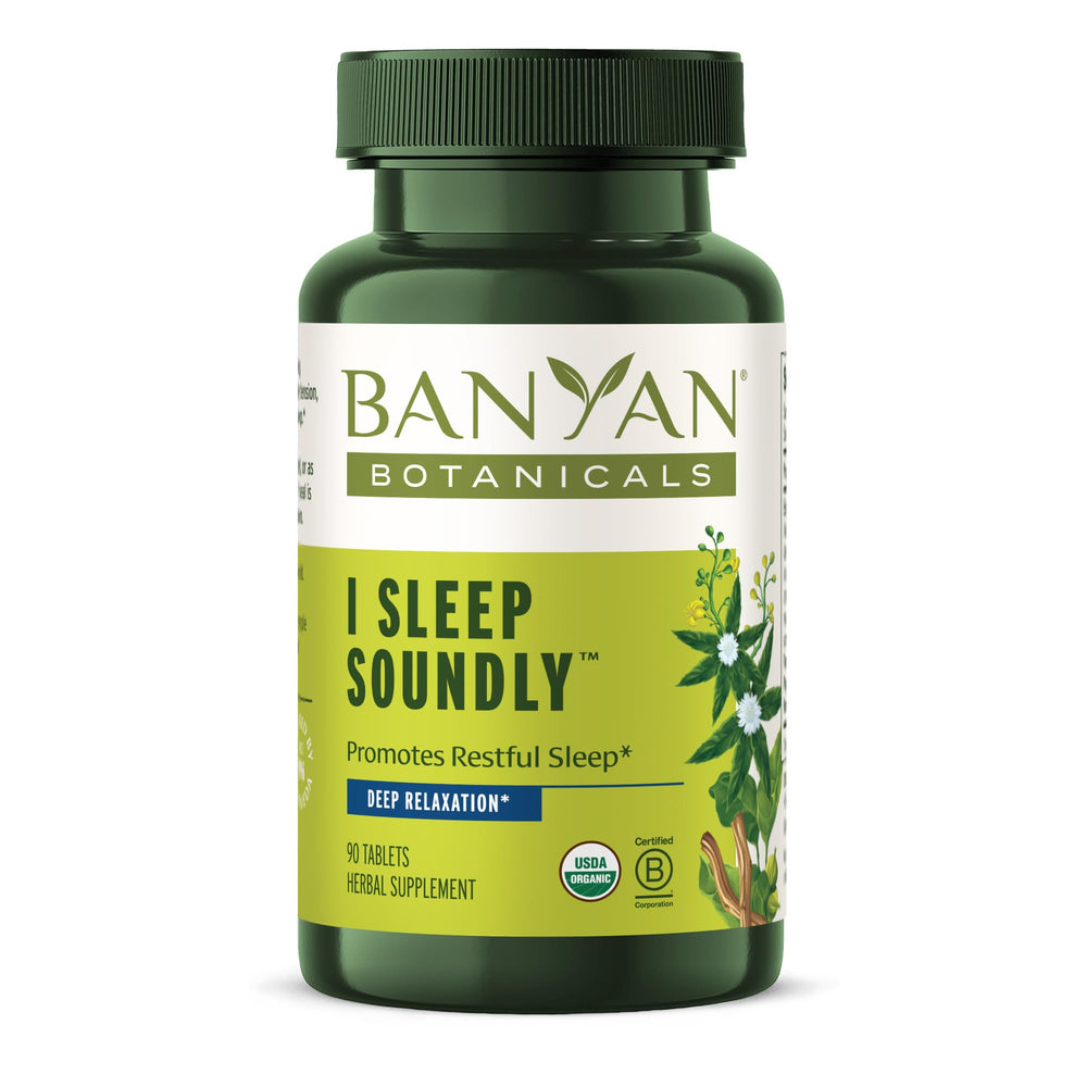 Banyan Botanicals I Sleep Soundly bottle pour shows convenient nightly dosing for calm evenings.