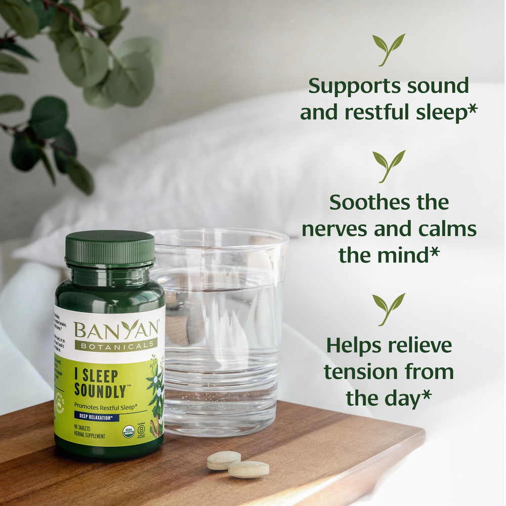 Banyan Botanicals I Sleep Soundly nighttime routine shot suggests easy addition to nightly rituals.