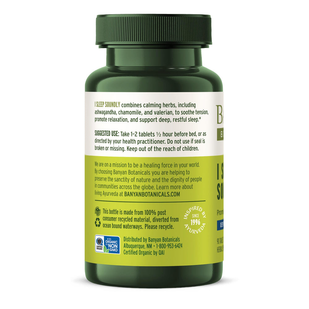 Banyan Botanicals I Sleep Soundly tablets closeup highlighting a gentle, sleep-ready formula.