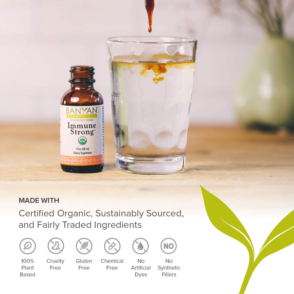 Amber glass Banyan Botanicals Immune Strong bottle on a clean surface