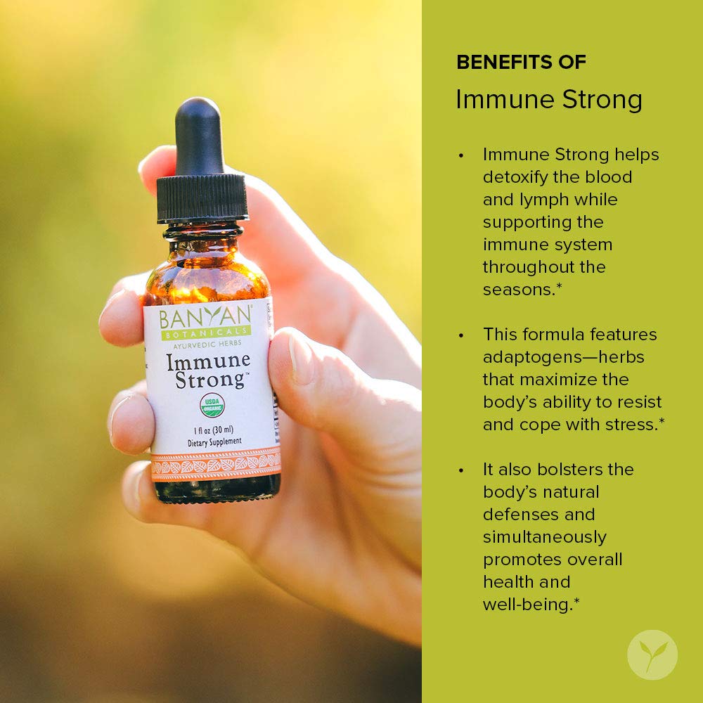 Close-up of Banyan Botanicals Immune Strong label highlighting organic sourcing
