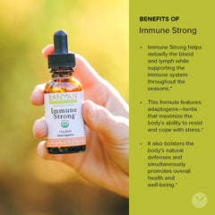 Close-up of Banyan Botanicals Immune Strong label highlighting organic sourcing