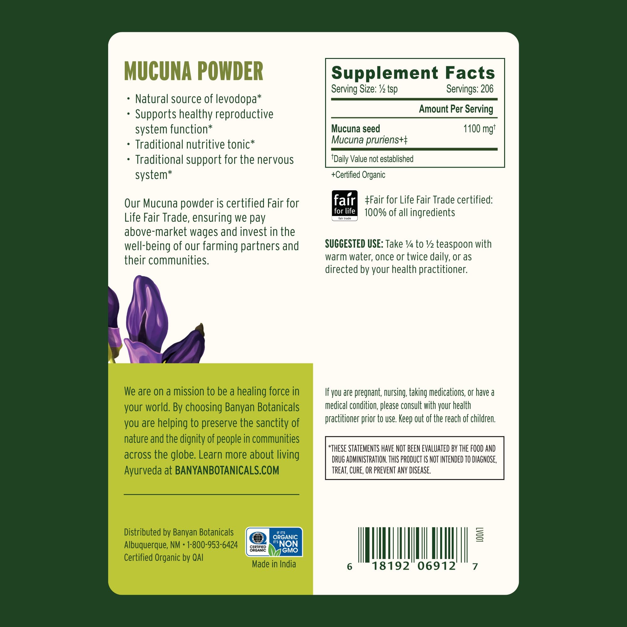Banyan Botanicals Kapikacchu powder jar close-up highlighting fine texture and premium organic quality.