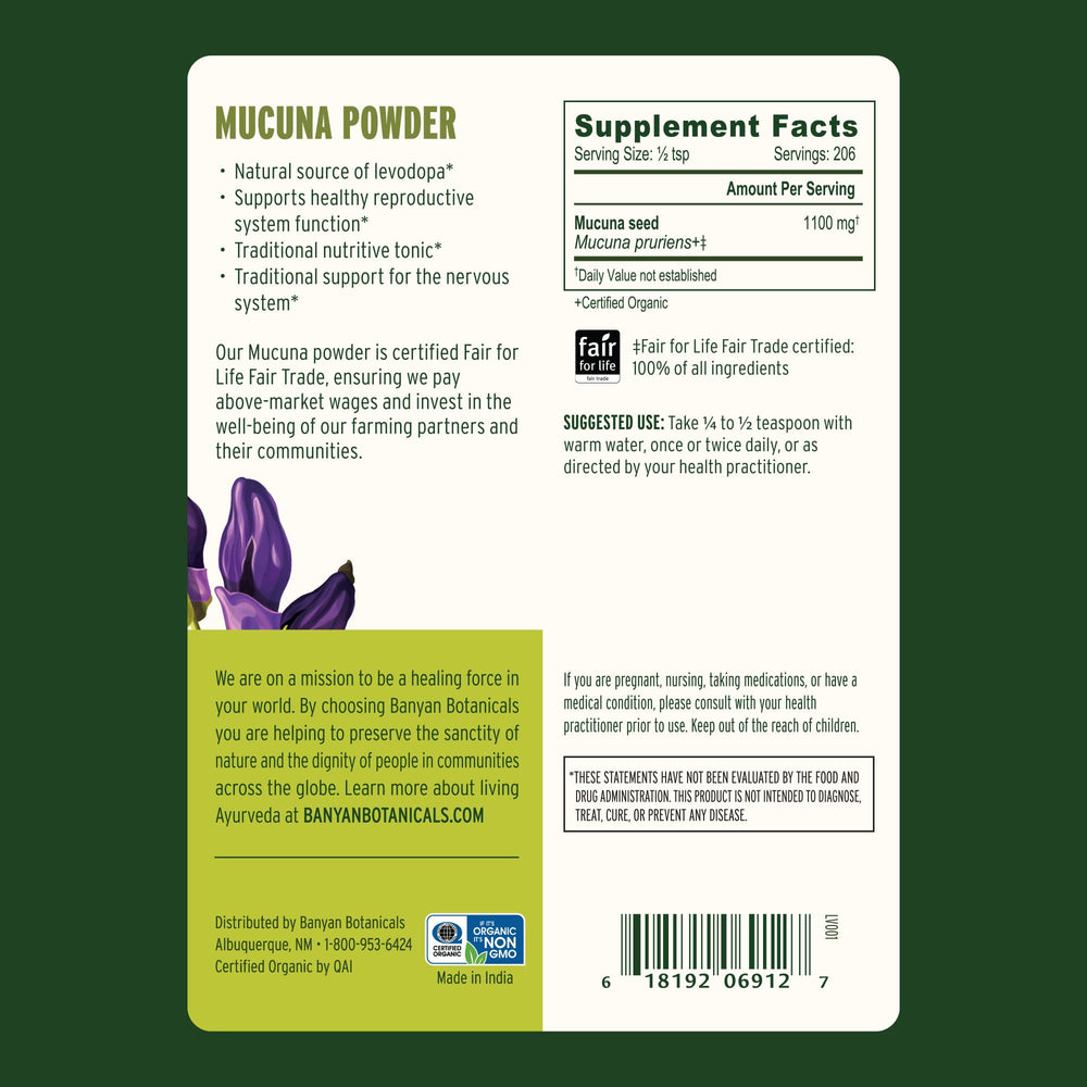 Banyan Botanicals Kapikacchu powder jar close-up highlighting fine texture and premium organic quality.