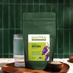 Banyan Botanicals Kapikacchu powder with scoop, ideal for gentle daily supplementation.