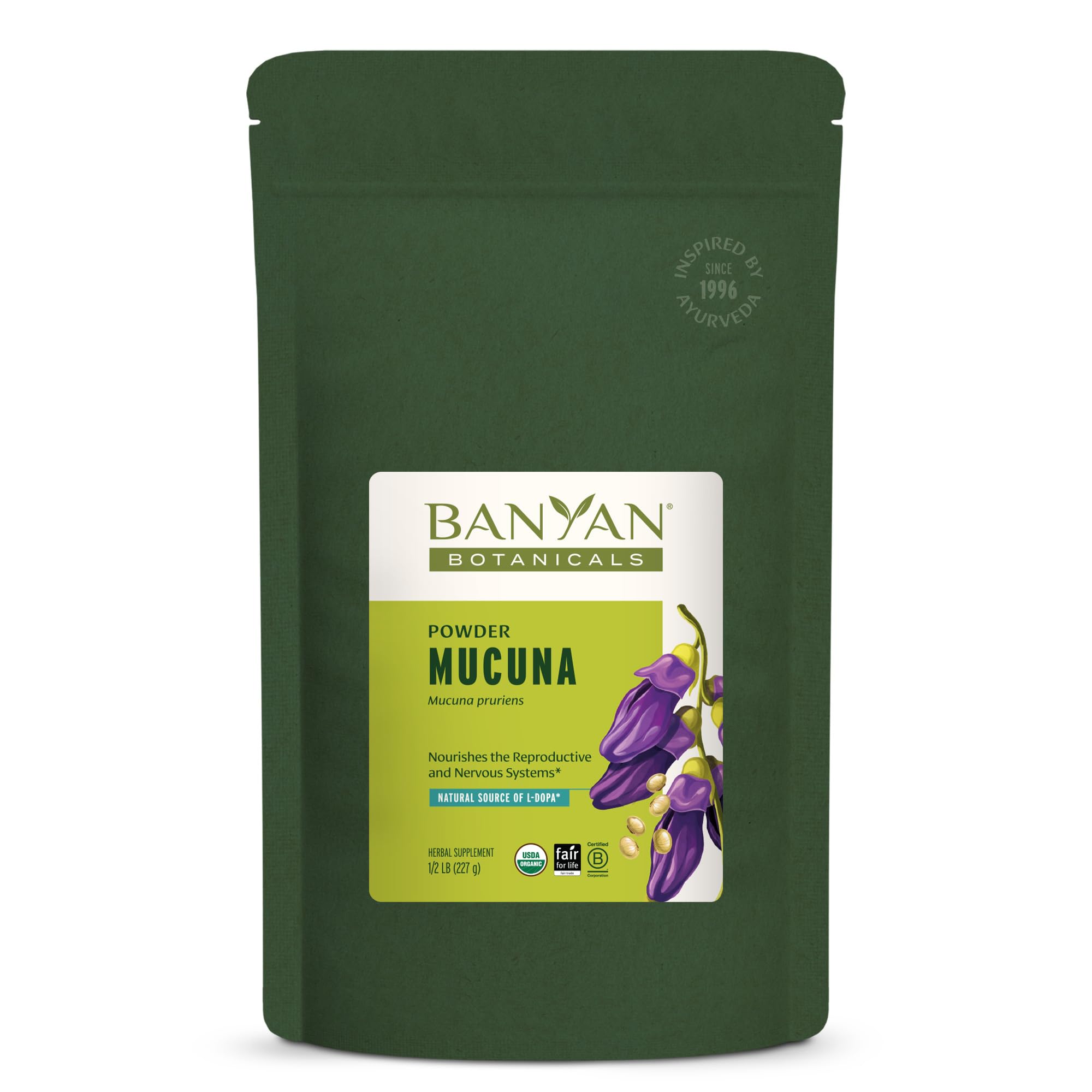 Banyan Botanicals Kapikacchu powder pack shows organic, fair-trade sourcing supporting sustainable farming.