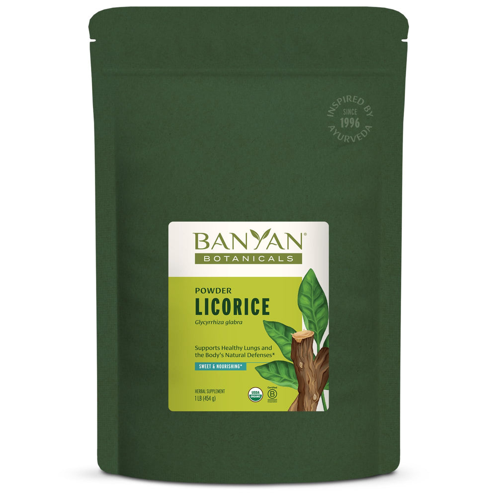 Banyan Botanicals Licorice Powder jar showcases pure Glycyrrhiza glabra for digestive support.