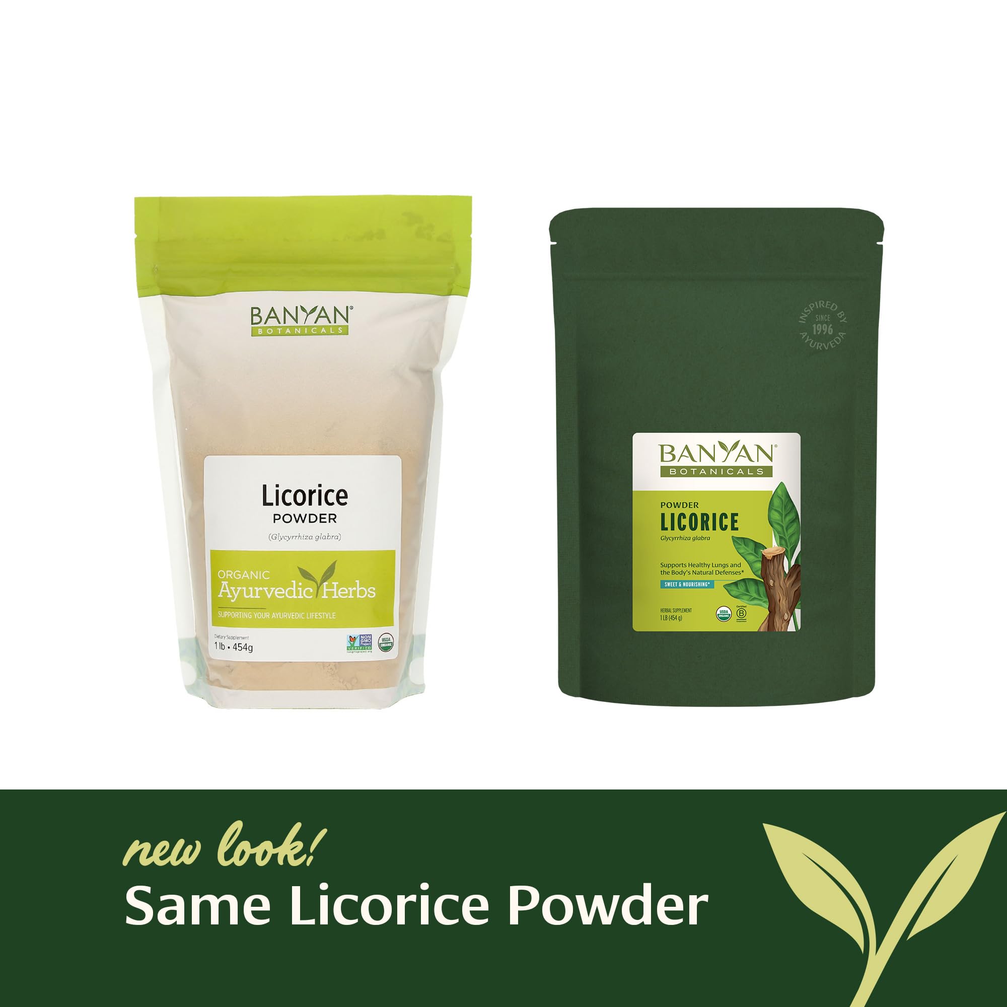 Banyan Botanicals organic licorice powder label shows organic certification.