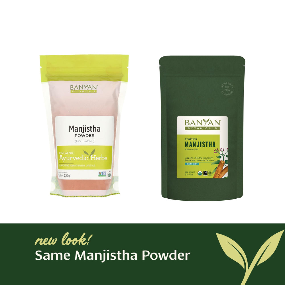 Banyan Botanicals Manjistha powder stirred into a cup for a routine