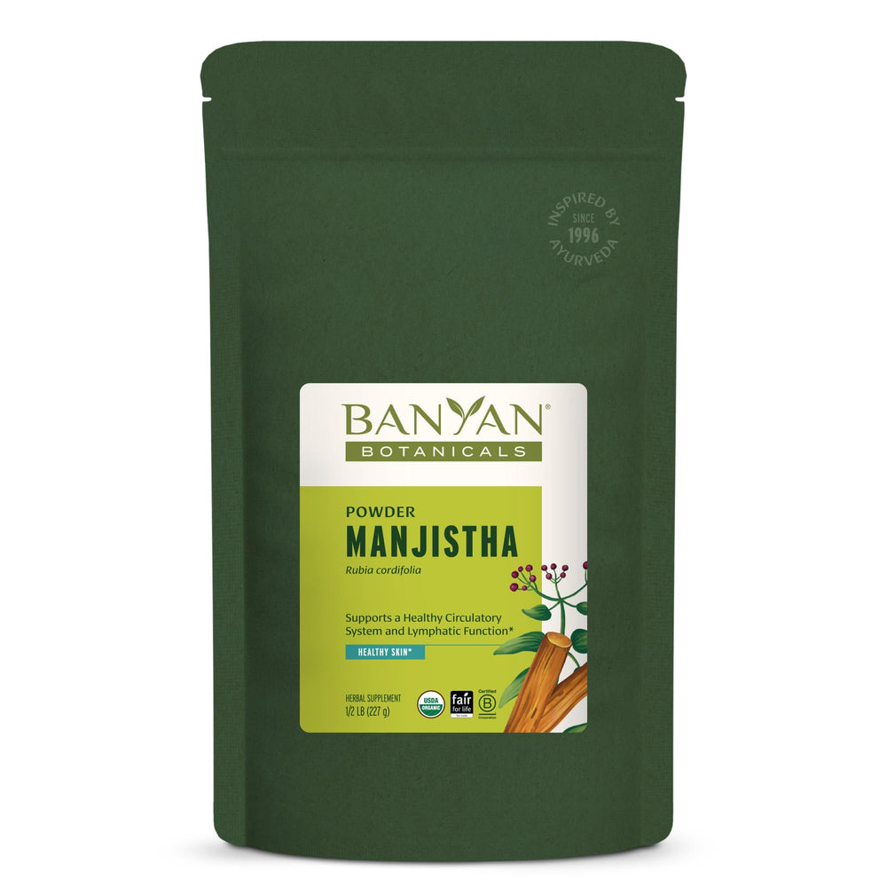 Banyan Botanicals Manjistha powder packaging close-up for organic skin care