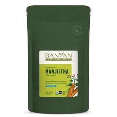 Banyan Botanicals Manjistha powder packaging close-up for organic skin care