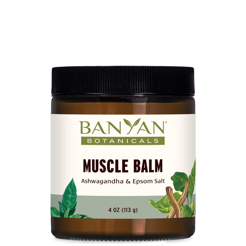 Banyan Botanicals Muscle Balm jar closeup highlighting organic ingredients for rejuvenating relief