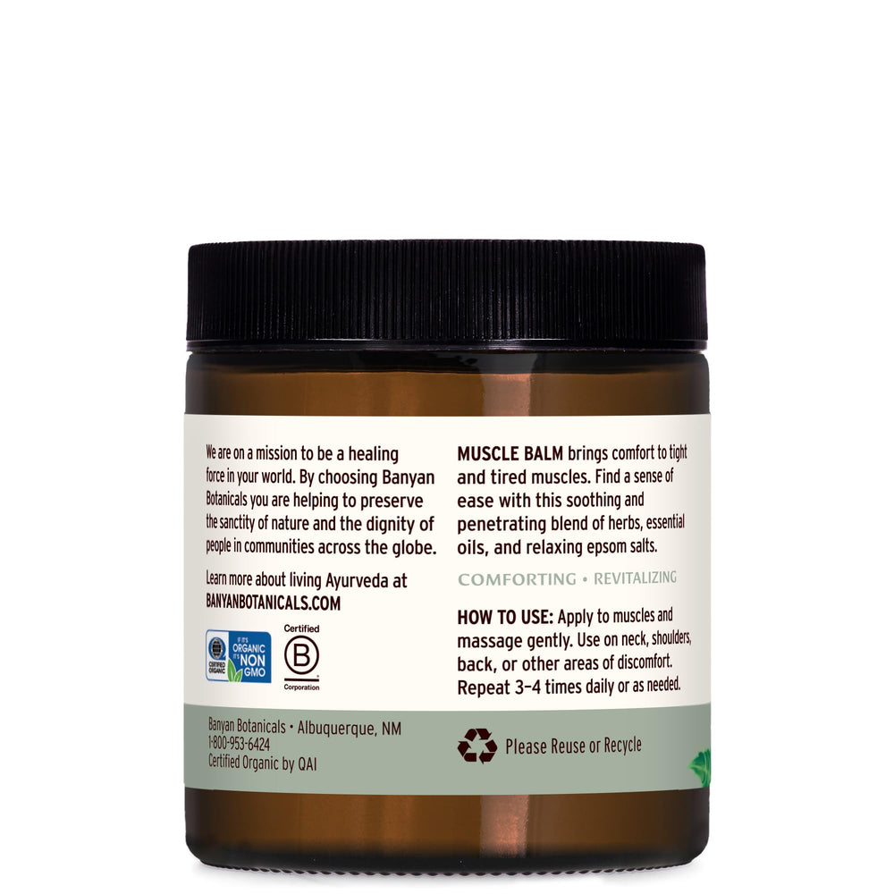 Banyan Botanicals Muscle Balm label view showing ashwagandha and eucalyptus notes