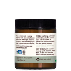 Banyan Botanicals Muscle Balm label view showing ashwagandha and eucalyptus notes