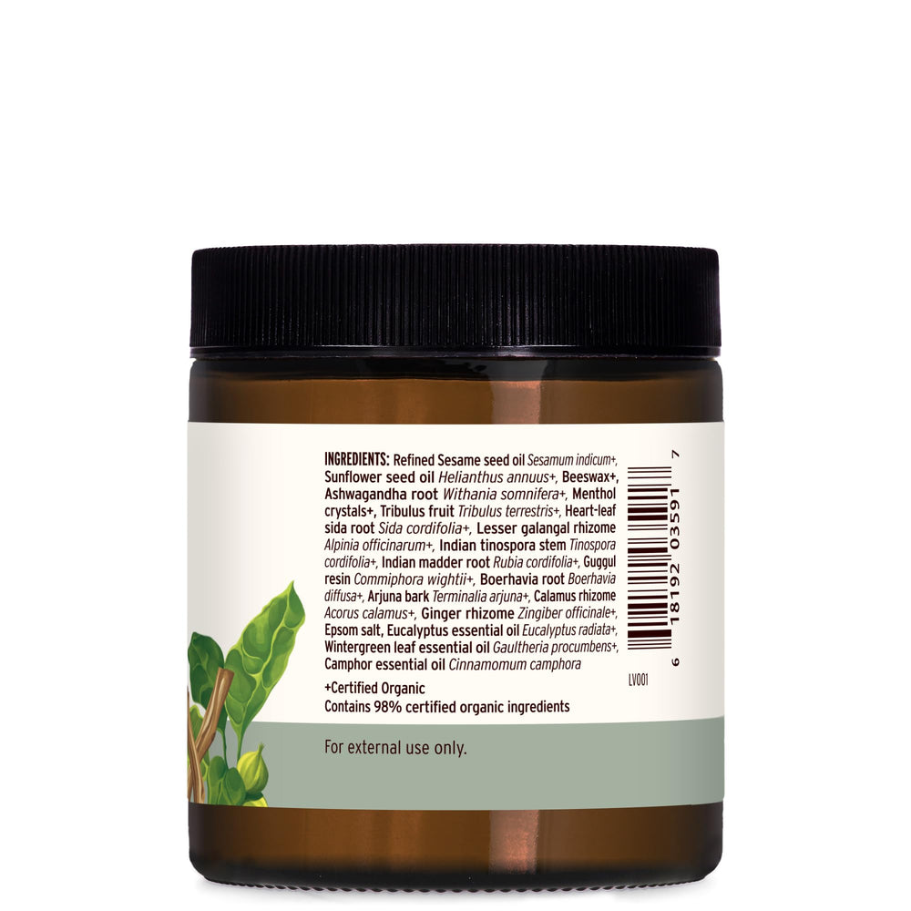 Banyan Botanicals Muscle Balm tub in hand suggests easy application after workouts