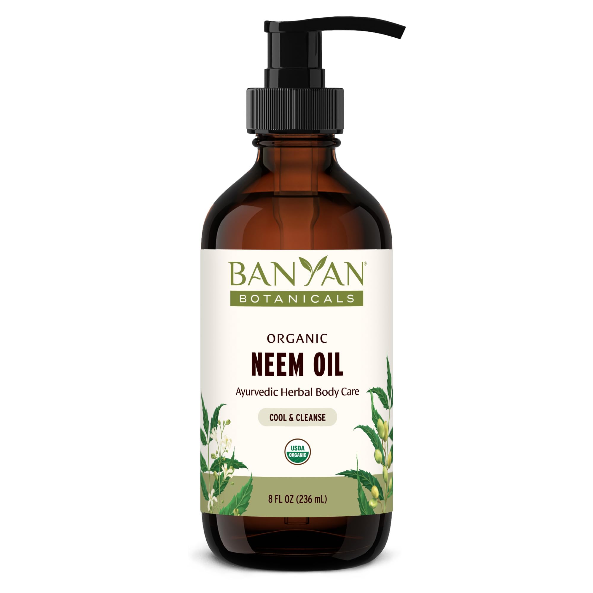 Banyan Botanicals Neem Oil bottle shows cooling formula for calm skin