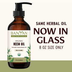 Banyan Botanicals Neem Oil label highlights organic, sustainable sourcing