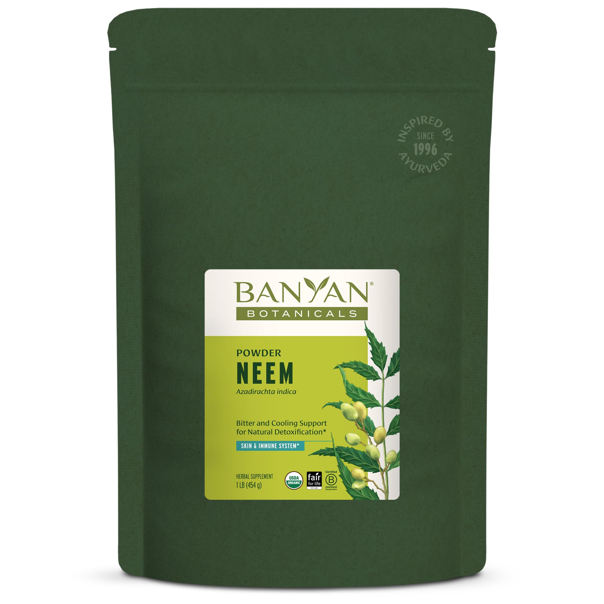 Banyan Botanicals Neem Powder bottle close-up highlighting skin health