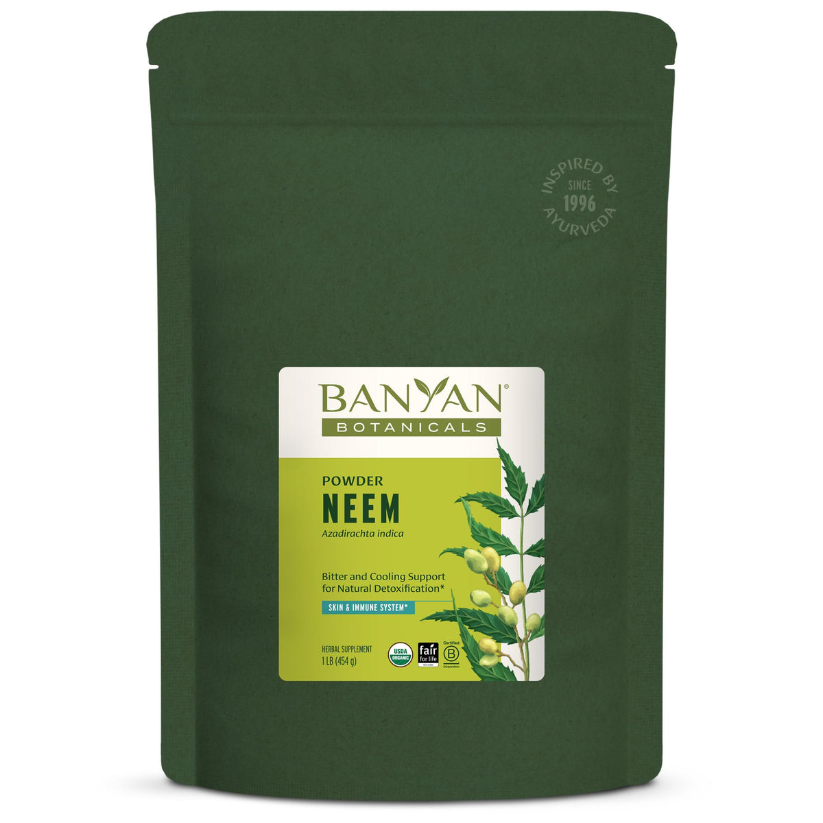 Banyan Botanicals Neem Powder bottle close-up highlighting skin health