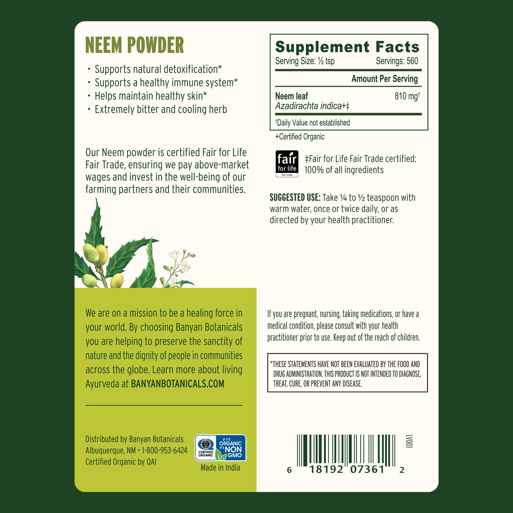 Neem Powder jar close-up with label showing immune support potential