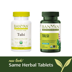 Banyan Botanicals Organic Tulsi leaves displayed for purity and quality