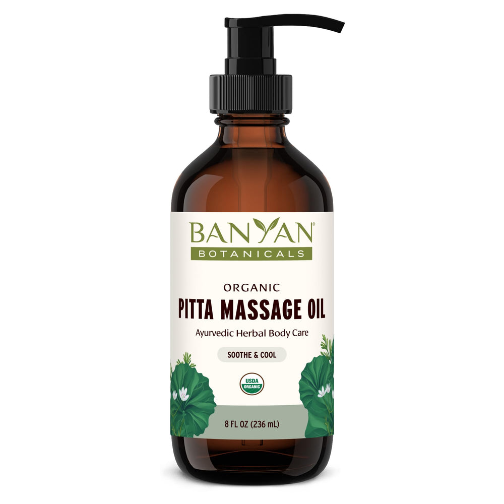Banyan Botanicals Pitta Massage Oil bottle ready for abhyanga self-massage ritual