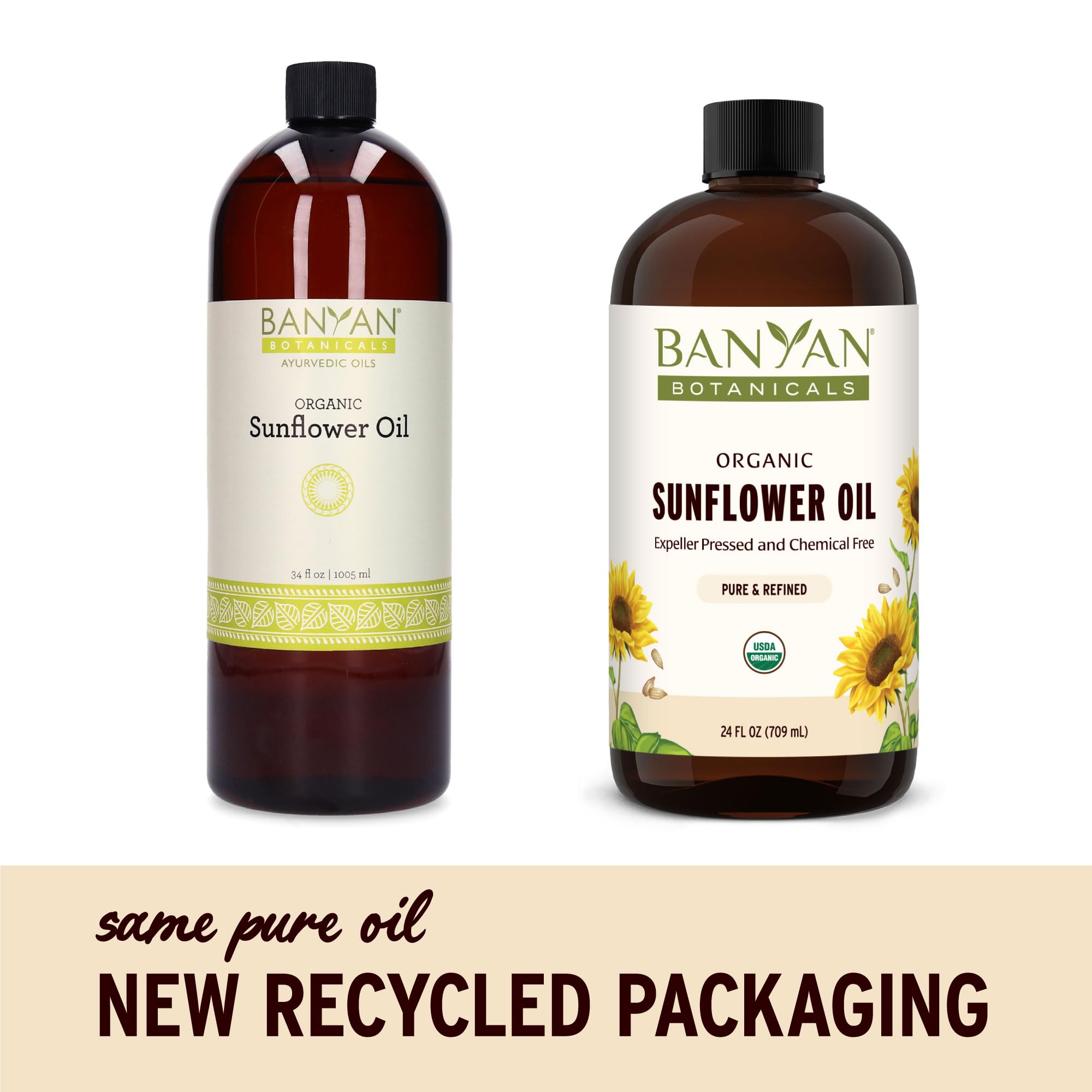 Banyan Botanicals Sunflower Oil in amber bottle preserves purity and aroma.