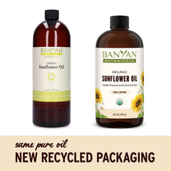 Banyan Botanicals Sunflower Oil in amber bottle preserves purity and aroma.