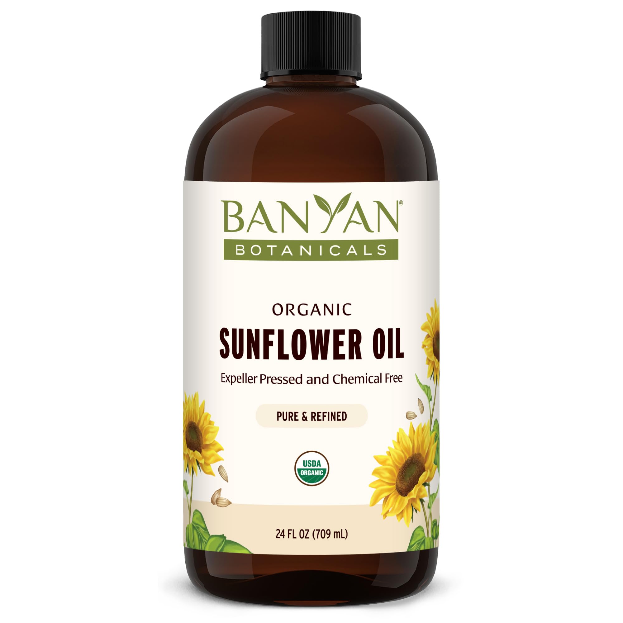 Banyan Botanicals Sunflower Oil bottle pouring for a light, non-greasy skin-care routine.