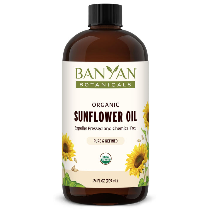 Banyan Botanicals Sunflower Oil bottle pouring for a light, non-greasy skin-care routine.