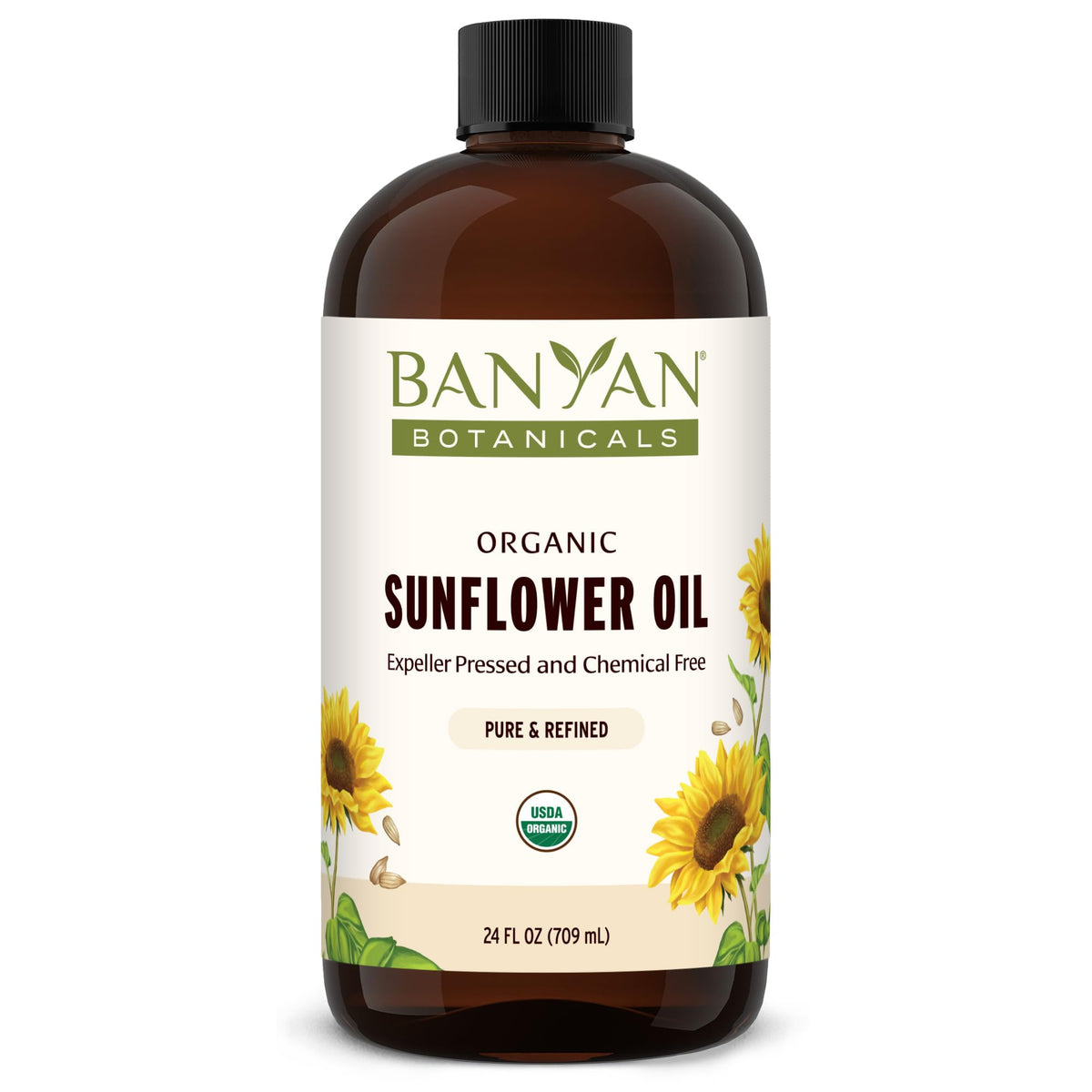 Banyan Botanicals Sunflower Oil bottle pouring for a light, non-greasy skin-care routine.