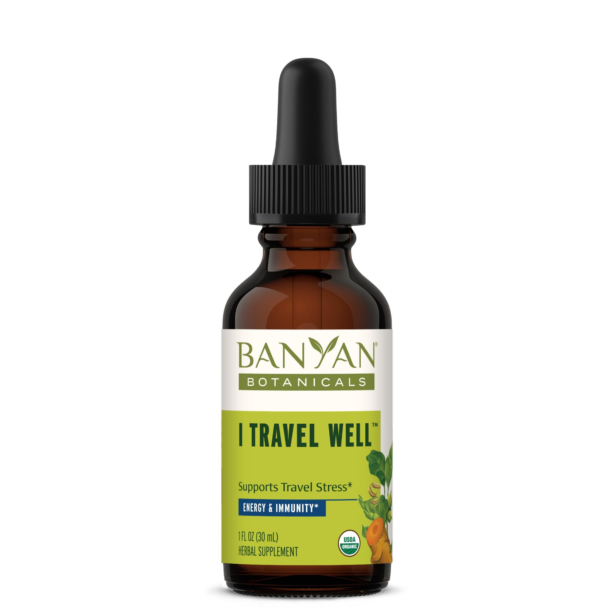 Banyan Botanicals Travel Well bottle front for on-the-go immune support.