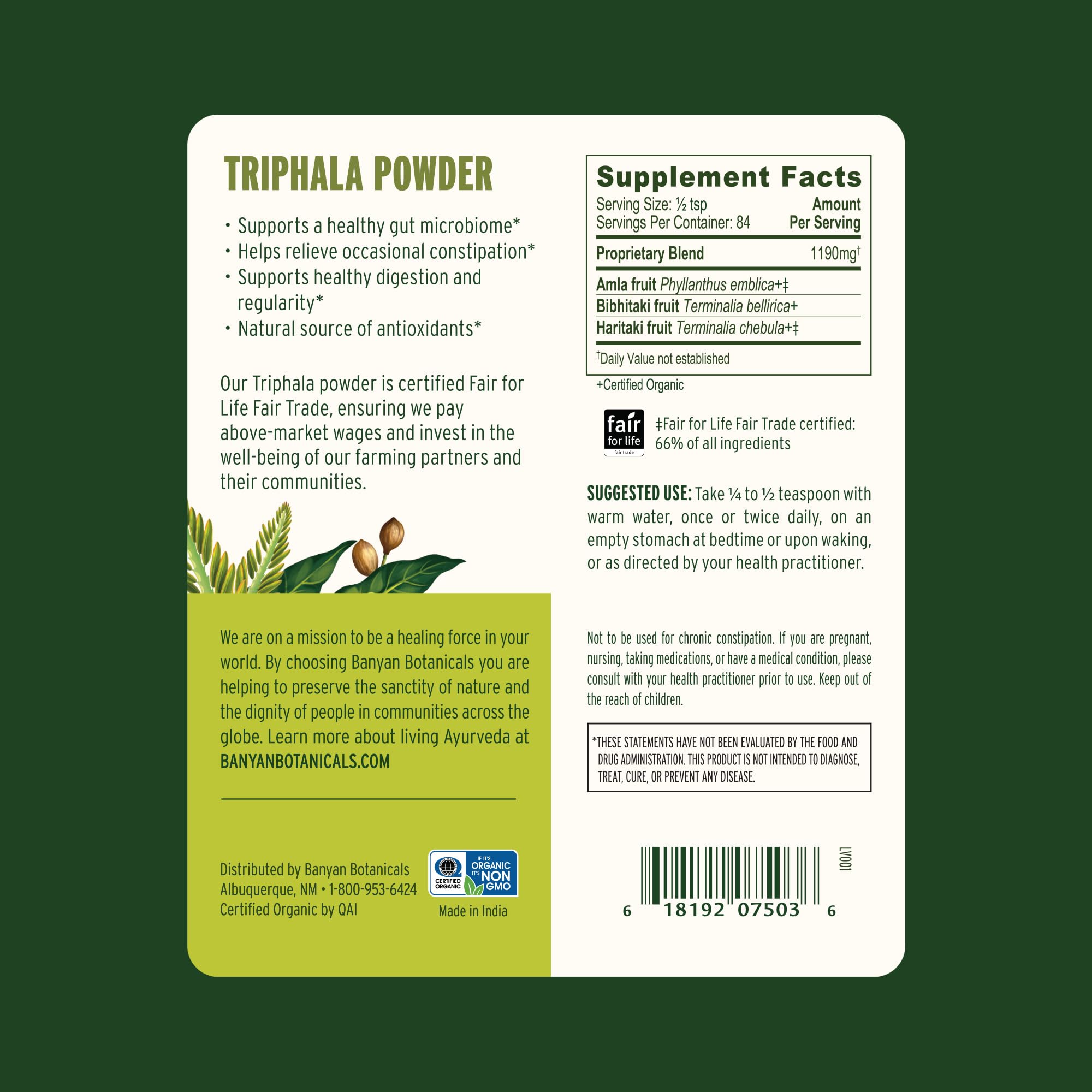 Banyan Botanicals Triphala for daily routine promoting natural digestion and colon support.