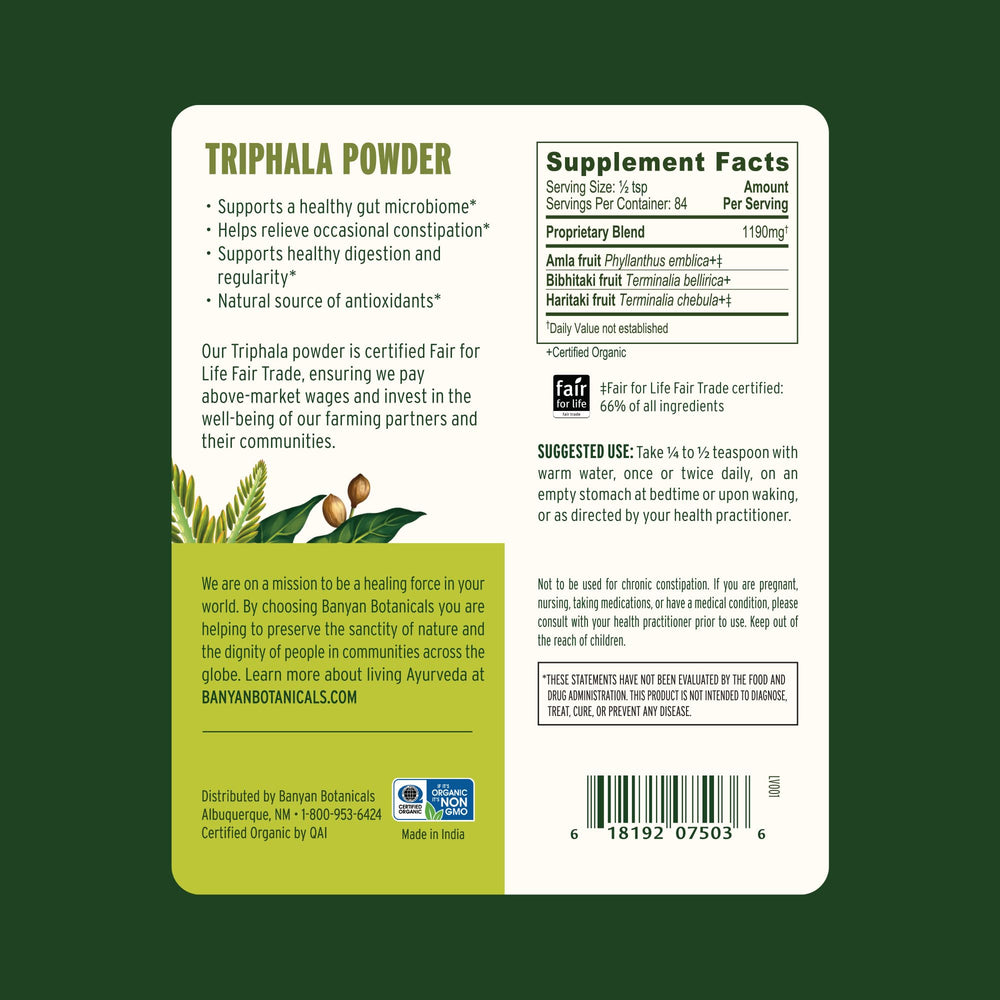 Banyan Botanicals Triphala for daily routine promoting natural digestion and colon support.