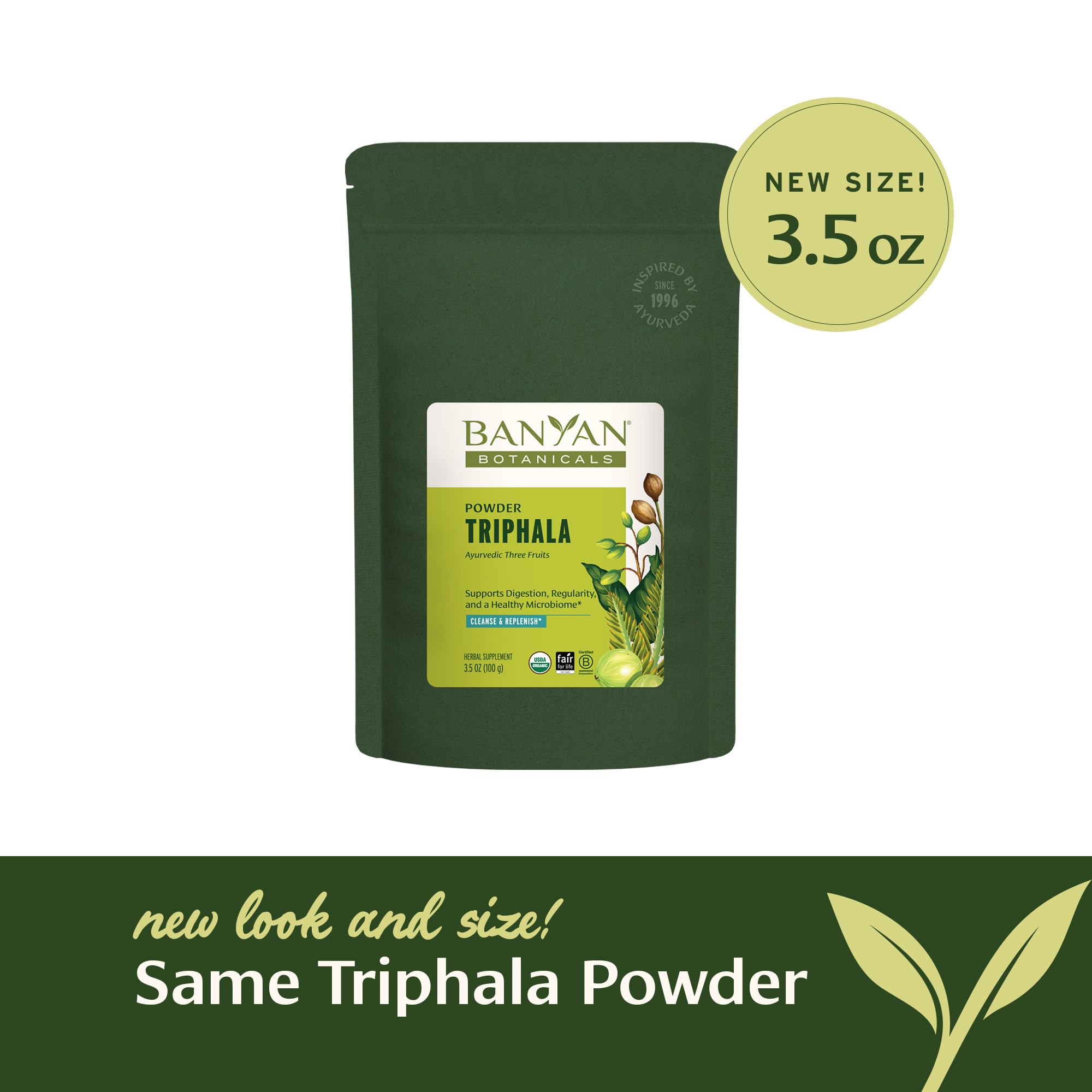 Banyan Botanicals Triphala organic certification seal emphasizing USDA organic herbs.