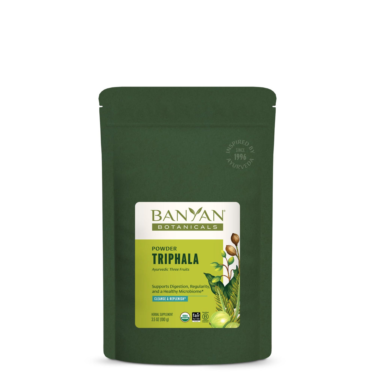 Banyan Botanicals Triphala powder label close-up highlighting organic ingredients for everyday wellness routines.