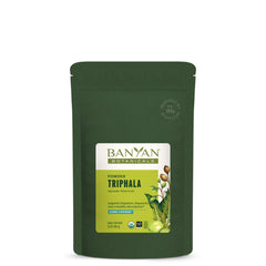 Banyan Botanicals Triphala powder label close-up highlighting organic ingredients for everyday wellness routines.