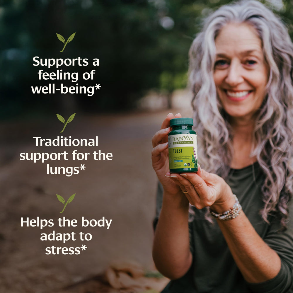 Banyan Botanicals Tulsi tablets being dispensed for daily use