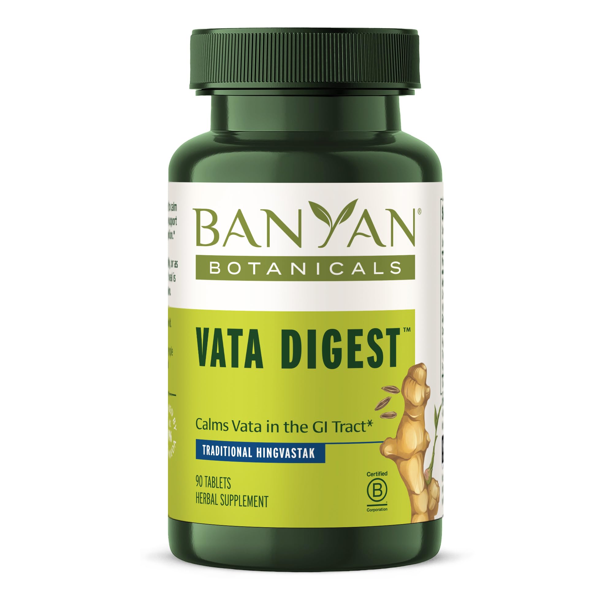 Banyan Botanicals Vata Digest bottle front showing convenient digestion tablets.