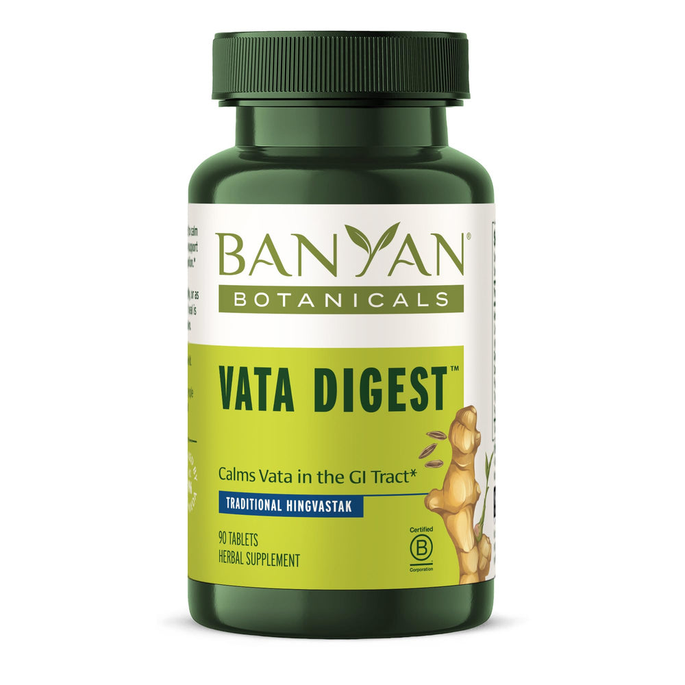 Banyan Botanicals Vata Digest bottle front showing convenient digestion tablets.