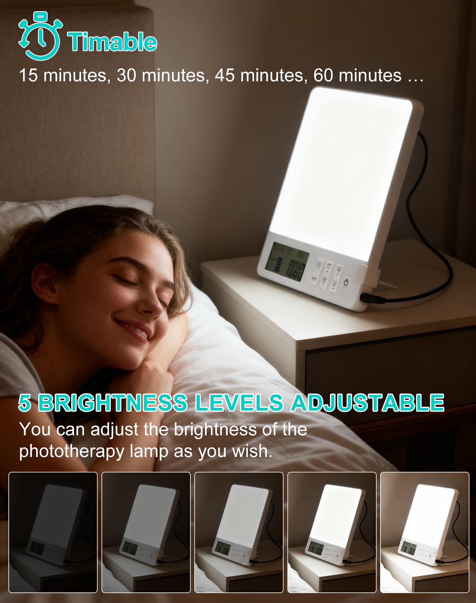 Built-in display on BAOMING lamp shows mode, brightness, and timer