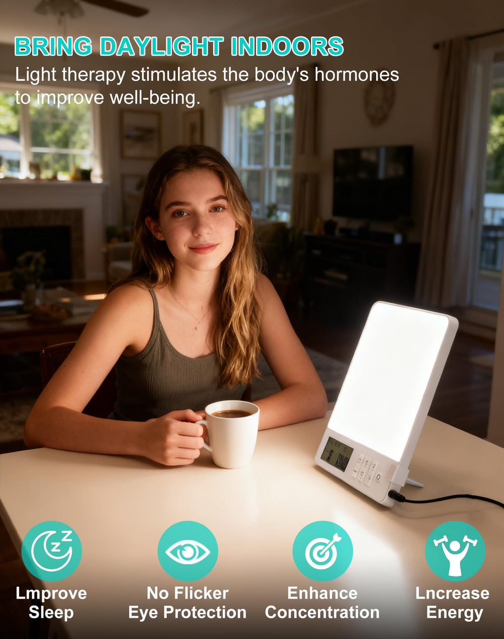 BAOMING light therapy lamp white mode for warm, sun-like illumination at home