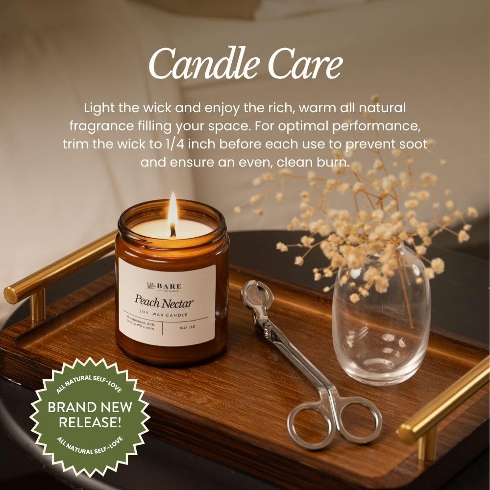 Bare Botanics Peach Nectar 9oz label highlights premium ingredients and fragrance notes.