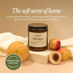 Bare Botanics Peach Nectar wick closeup shows clean burn and plant-based oils.